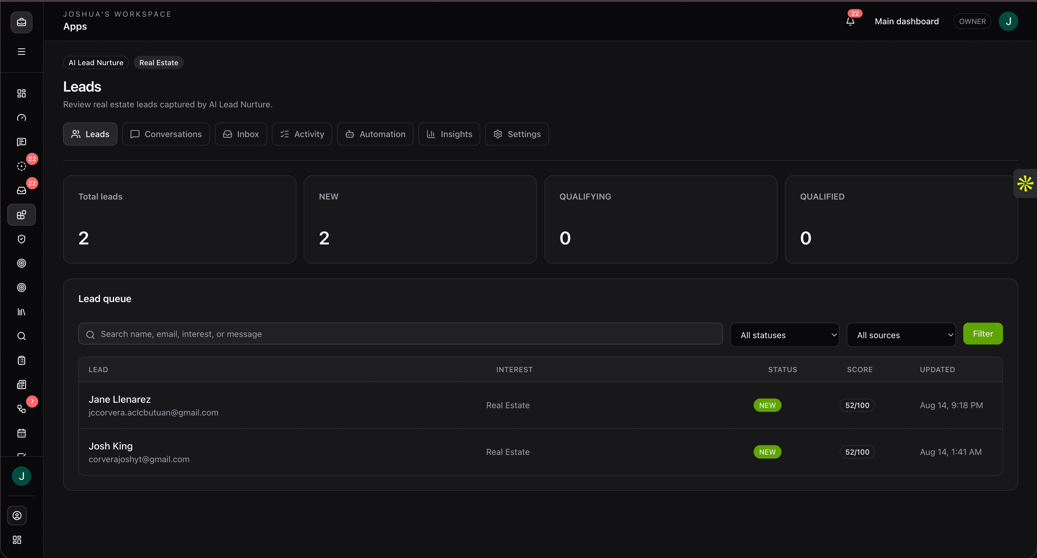 AskLibra AI Lead Nurture application dashboard